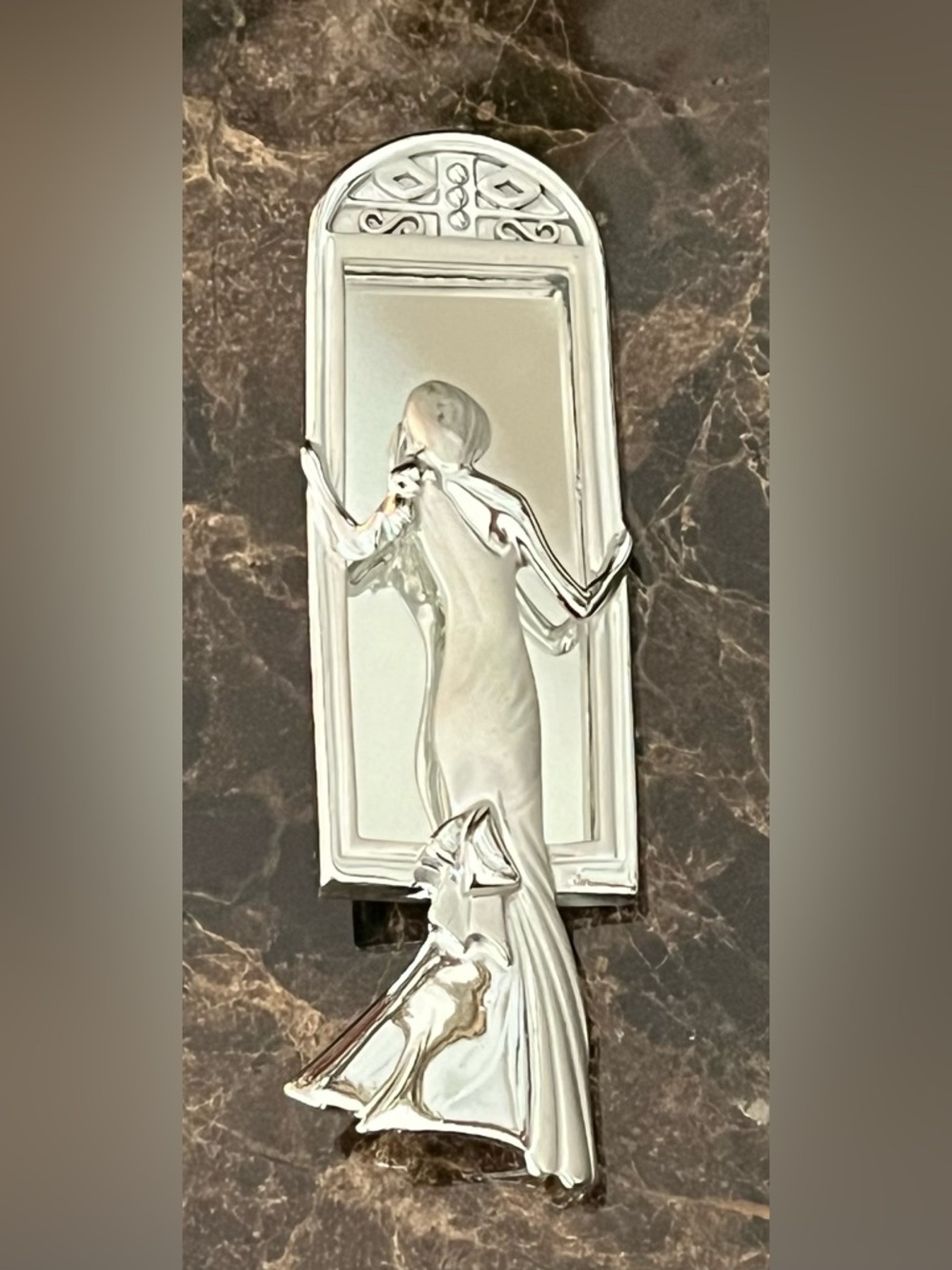 Whimsical Silver Metal Brooch - Elegant Lady Looking Into a Mirror - Unique!